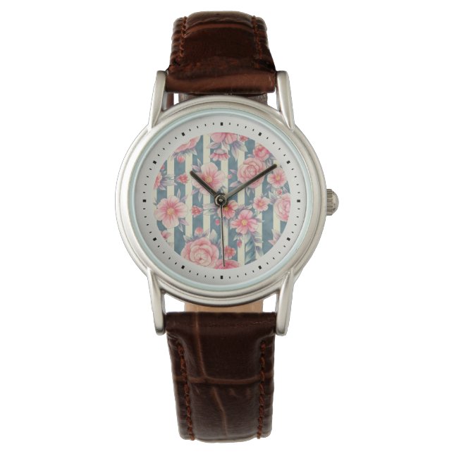 Rosa Aquarellfarben auf Streifen Armbanduhr (Vorderseite)