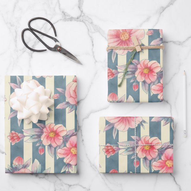 Rosa Aquarellfarben auf Streifen Geschenkpapier Set (Vorderseite)
