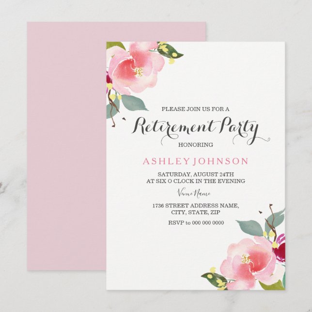 Rosa Aquarellfarben Blume Altersvorsorge Party ein Einladung (Vorne/Hinten)