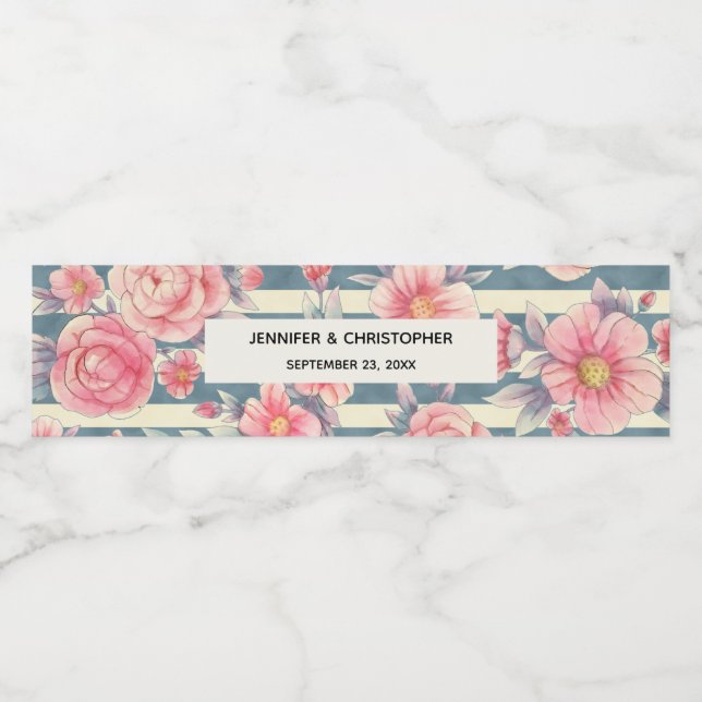 Rosa Aquarellfarben Blume auf Streifen Hochzeit (Einzelnes Label)