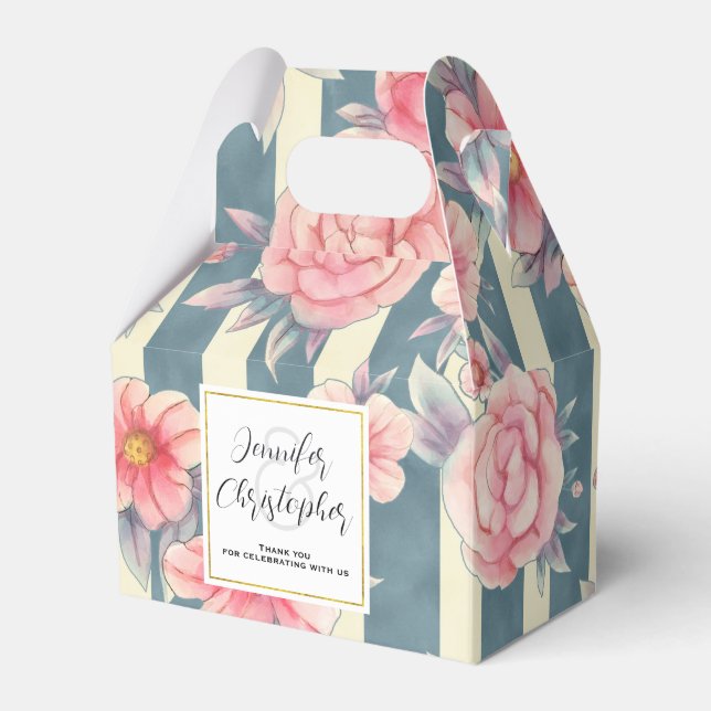 Rosa Aquarellfarben Blume auf Streifen Hochzeit Geschenkschachtel (Vorderseite)