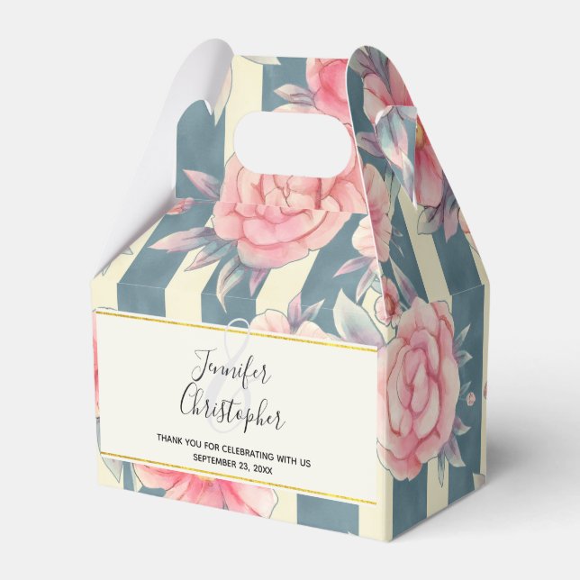 Rosa Aquarellfarben Blume auf Streifen Hochzeit Geschenkschachtel (Vorderseite)