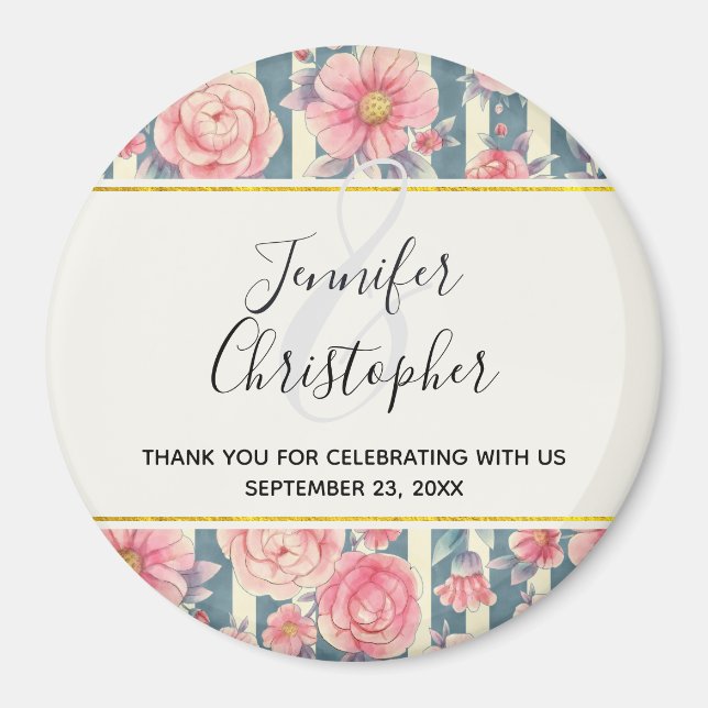 Rosa Aquarellfarben Blume auf Streifen Hochzeit Magnet (Vorne)