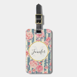 Rosa Aquarellfarben-Blume auf Streifen Monogramm Gepäckanhänger