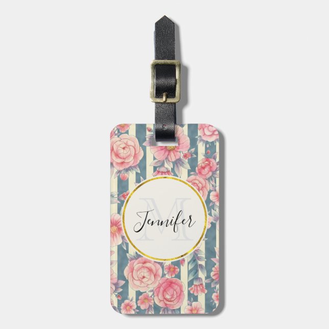 Rosa Aquarellfarben-Blume auf Streifen Monogramm Gepäckanhänger (Vorderseite vertikal)