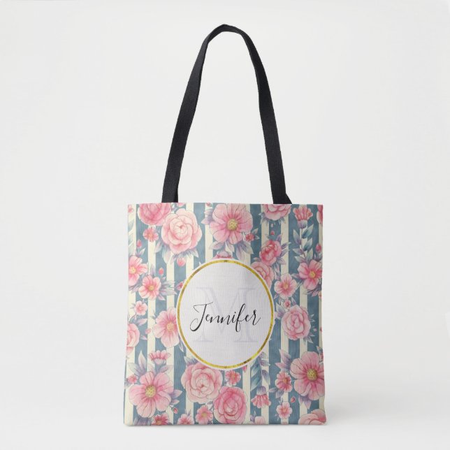 Rosa Aquarellfarben-Blume auf Streifen Monogramm Tasche (Vorderseite)