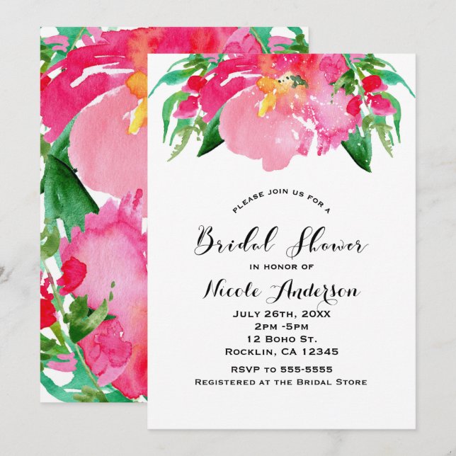 Rosa Aquarellfarben Blume Blumengebirge Sommer Bra Einladung (Vorne/Hinten)