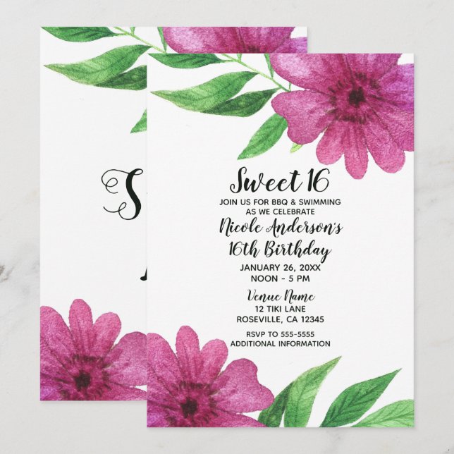 Rosa Aquarellfarben Blume Blumenkohl Pop Süß 16 Pa Einladung (Vorne/Hinten)