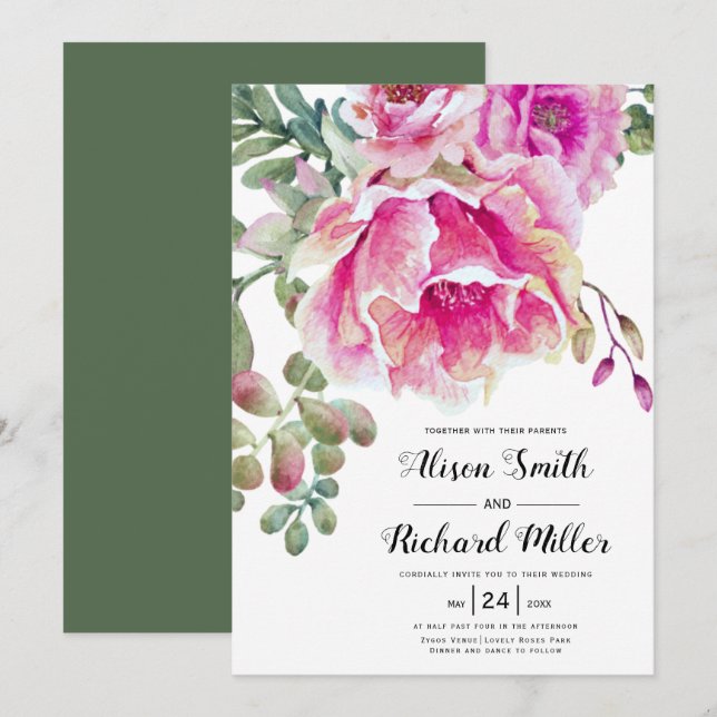 Rosa Aquarellfarben Blume Drehbuch Typografie Hoch Einladung (Vorne/Hinten)