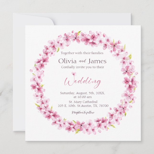 Rosa Aquarellfarben Blume Einladung zur Hochzeitsf (Vorderseite)