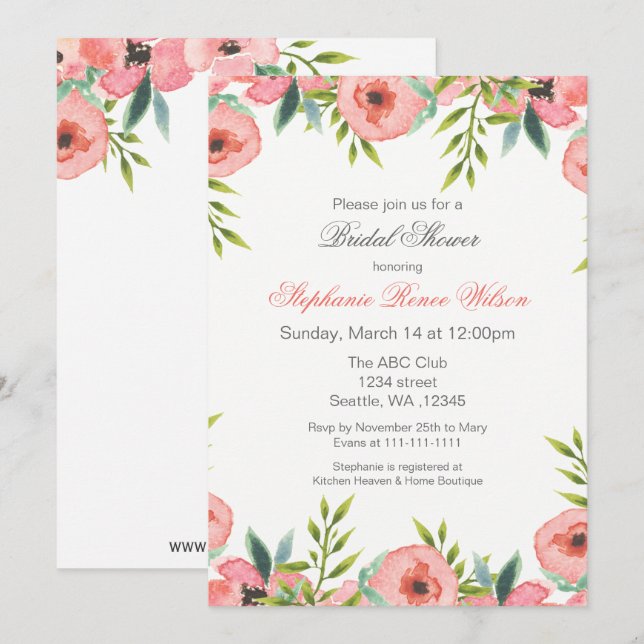 Rosa Aquarellfarben Blume Einladungen zur Dusche B (Vorne/Hinten)