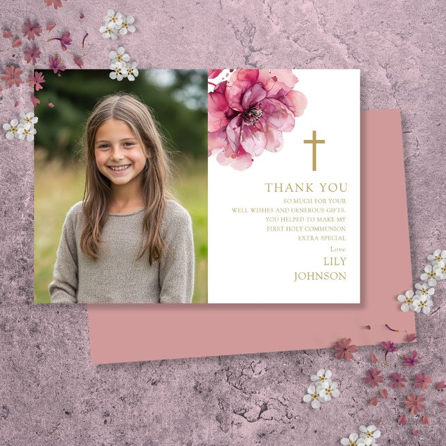 Rosa Aquarellfarben Blume Foto Erste Heilige Kommu Dankeskarte (Pink Watercolor Flower Photo First Holy Communion Thank You Card)
