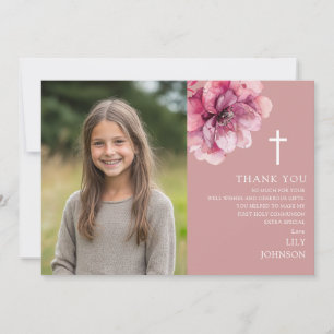 Rosa Aquarellfarben Blume Foto Erste Heilige Kommu Dankeskarte