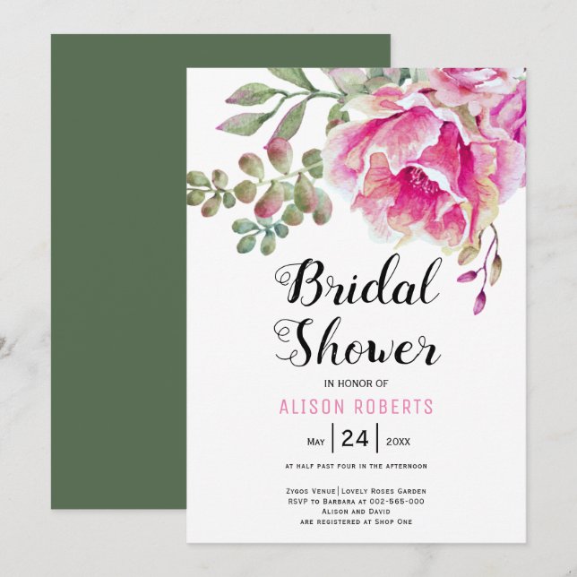 Rosa Aquarellfarben Blume Hochzeit Brautparty Einladung (Vorne/Hinten)