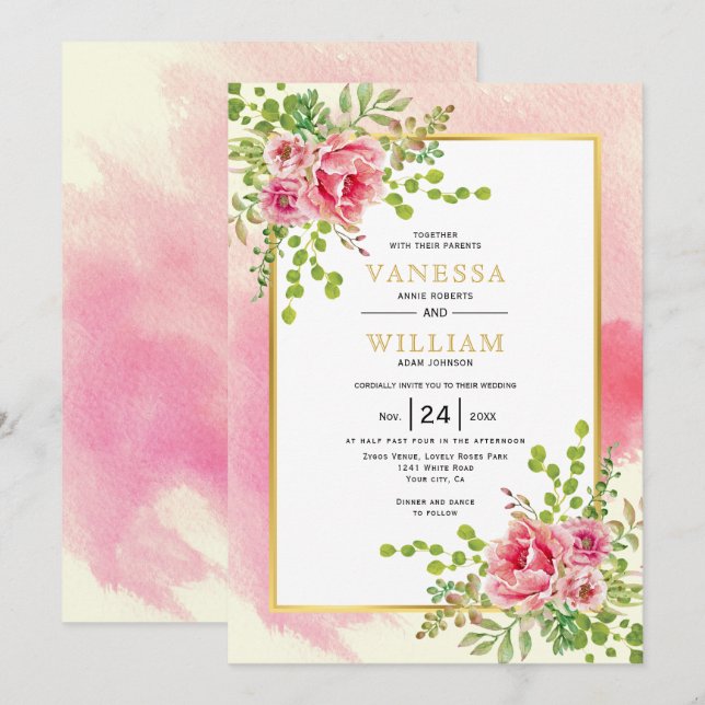 Rosa Aquarellfarben Blume Hochzeit Einladung (Vorne/Hinten)