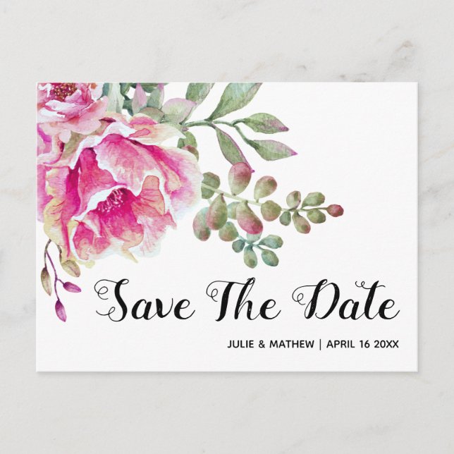 Rosa Aquarellfarben Blume Hochzeit Speichern Sie d Ankündigungspostkarte (Vorderseite)