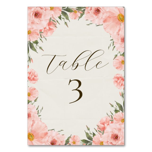 Rosa Aquarellfarben Blume Hochzeit Tischnummer (Vorderseite)