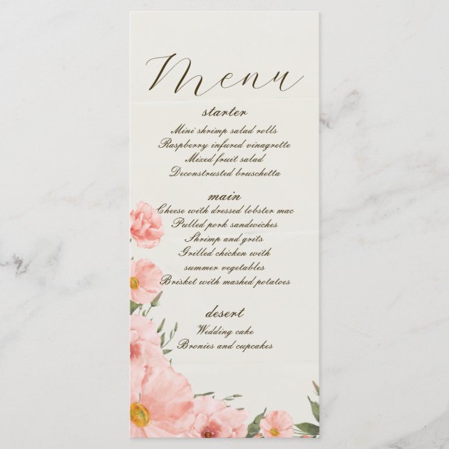 Rosa Aquarellfarben-Blume Hochzeitmenü Menükarte (Vorderseite)
