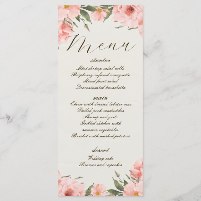Rosa Aquarellfarben-Blume Hochzeitmenü Menükarte (Vorderseite)