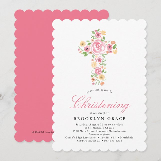 Rosa Aquarellfarben Blume Kreuztaufe Einladung (Vorne/Hinten)