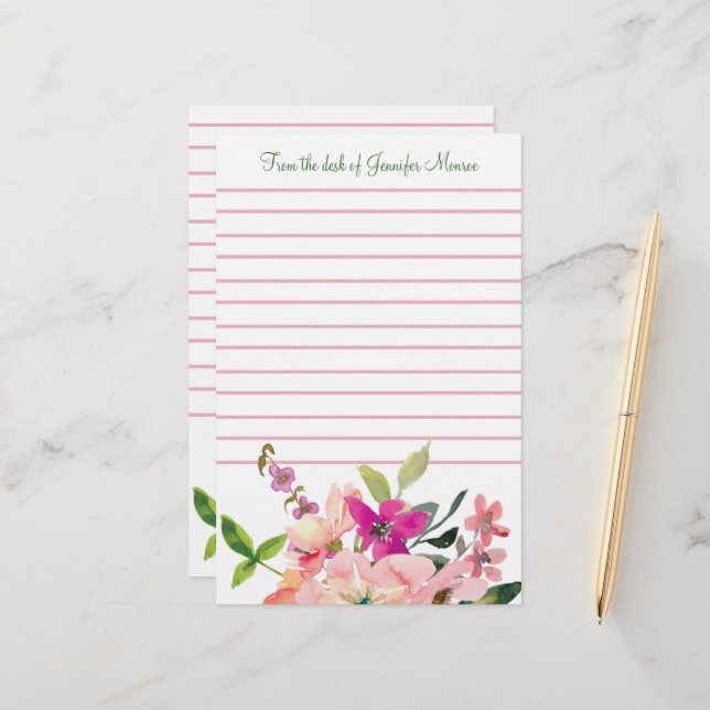 Rosa Aquarellfarben Blume personalisiert Briefpapier (Vorderseite/Rückseite Beispiel)