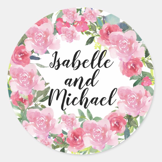 Rosa Aquarellfarben Blume Personalisierte Hochzeit Runder Aufkleber (Vorderseite)