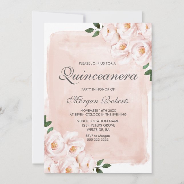 Rosa Aquarellfarben Blume Quinceanera Party Einladung (Vorderseite)