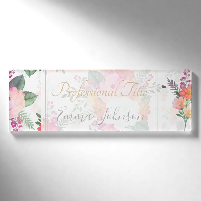 Rosa Aquarellfarben Blume Weißes Design Namenschild (Vorderseite)