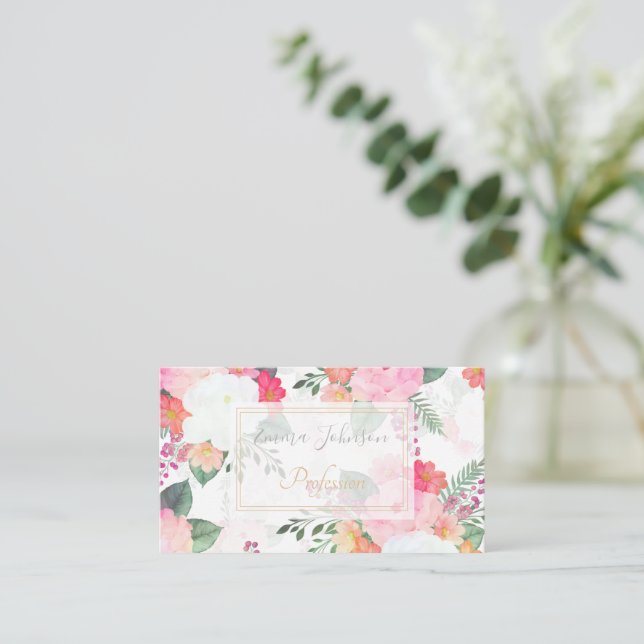 Rosa Aquarellfarben Blume Weißes Design Visitenkarte (Stehend Vorderseite)