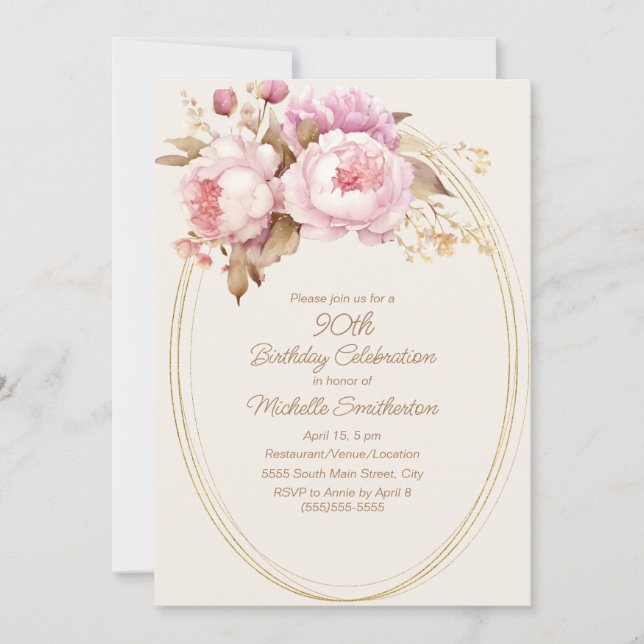 Rosa Aquarellfarben Floral Gold Rahmen 90. Geburts Einladung (Vorderseite)