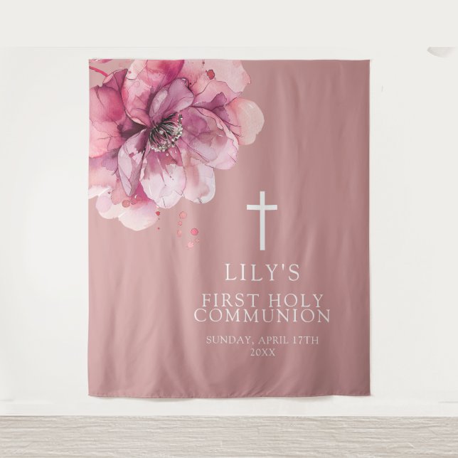 Rosa Aquarellfarben Floral Heiliger Kommunion Hint Wandteppich (Vorderseite)