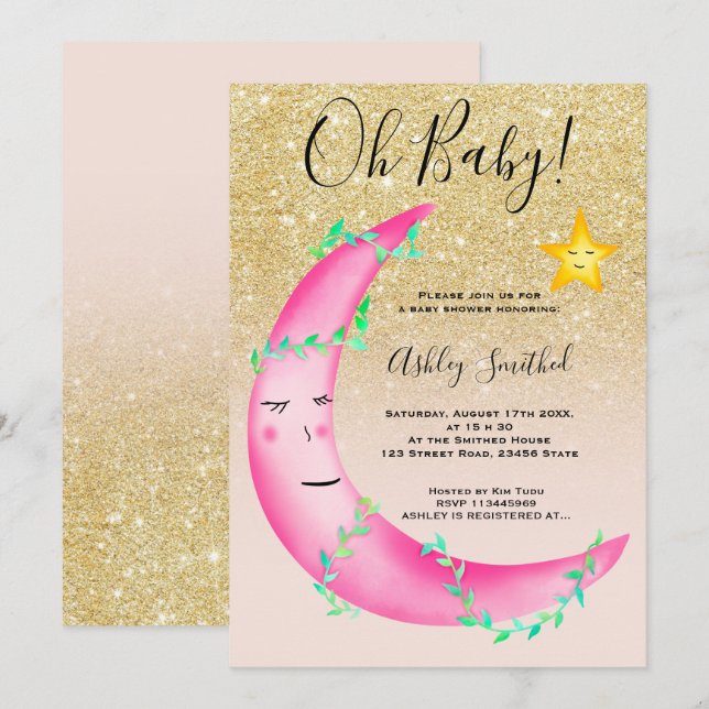 Rosa Aquarellfarben Glitzer Mond Stars Babydusche Einladung (Vorne/Hinten)