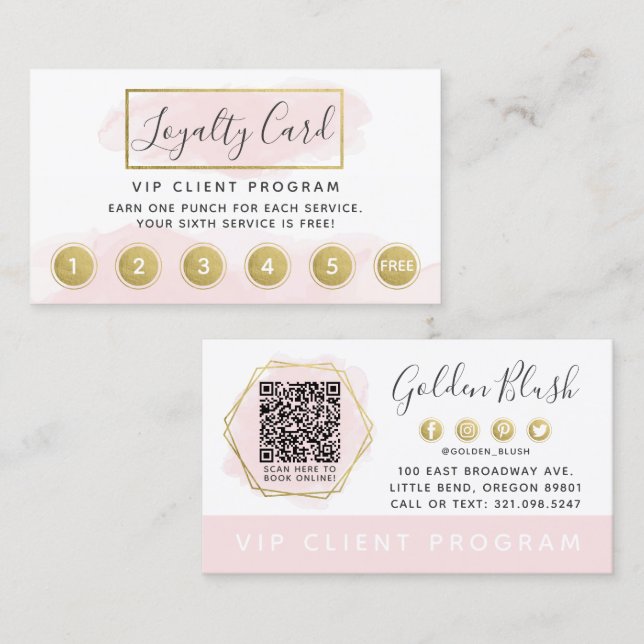 Rosa Aquarellfarben Gold Loyalität Briefmarke QR Visitenkarte (Vorne/Hinten)