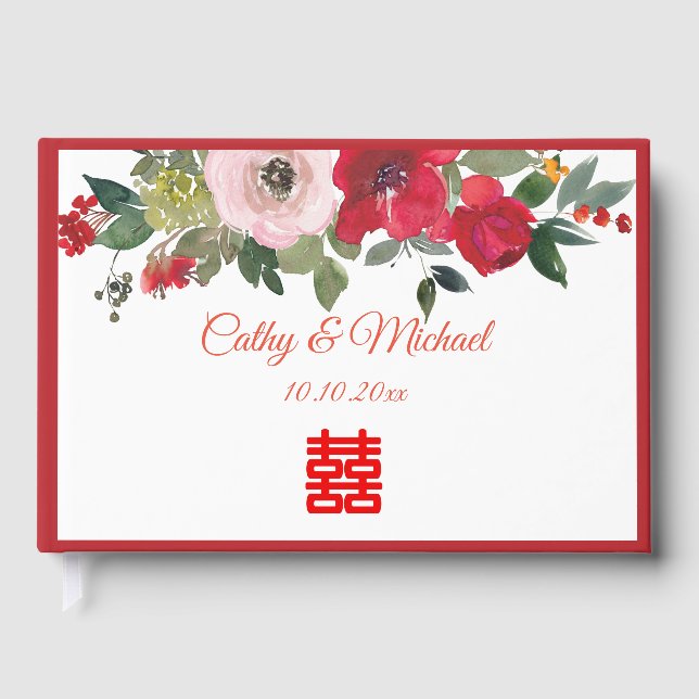 Rosa Aquarellfarben Moderne Chinesische Hochzeit Gästebuch (Vorderseite)
