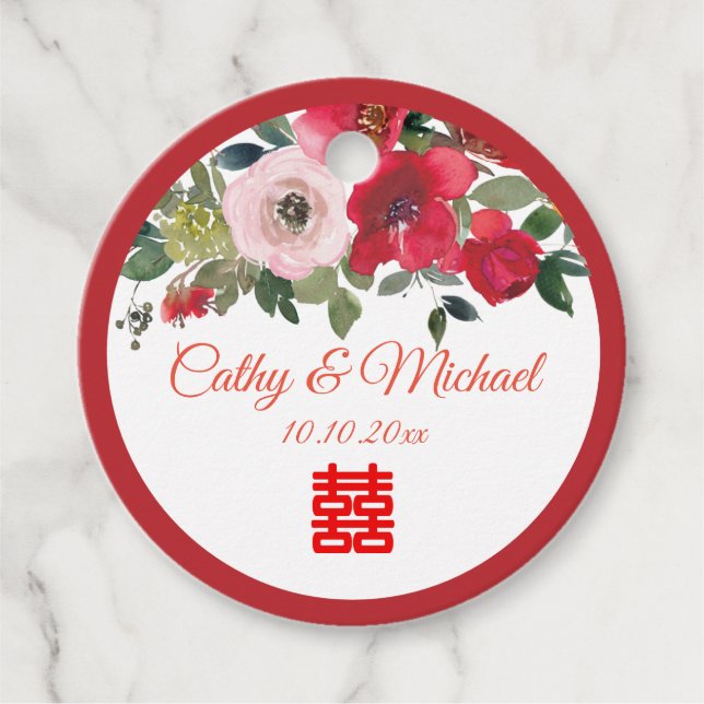 Rosa Aquarellfarben Moderne Chinesische Hochzeit Geschenkanhänger (Vorderseite)