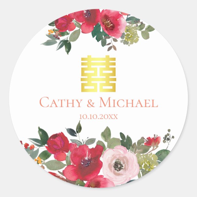 Rosa Aquarellfarben Moderne Chinesische Hochzeit Runder Aufkleber (Vorderseite)