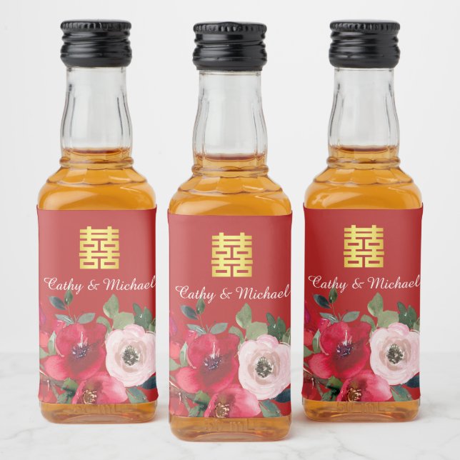 Rosa Aquarellfarben Moderne Doppelglücklichkeit Alkoholflaschenetikett (Flaschen)