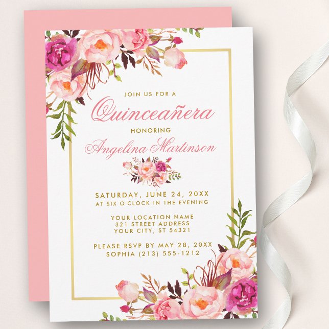 Rosa Aquarellfarben Quinceanera Gold Einladung (Customize to change text color, style, add text & photos to back or change color of back of card.)