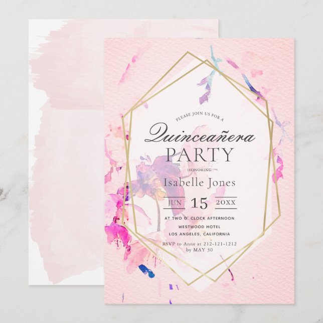 Rosa Aquarellfarben Quinceñera Einladung (Vorne/Hinten)