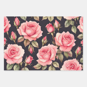 Rosa Aquarellfarben-Rose auf schwarzem Hintergrund Geschenkpapier Set