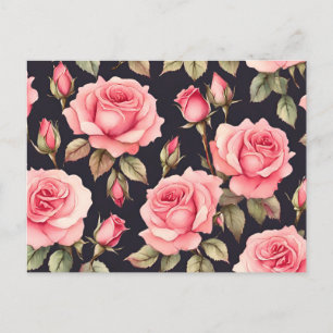 Rosa Aquarellfarben-Rose auf schwarzem Hintergrund Postkarte