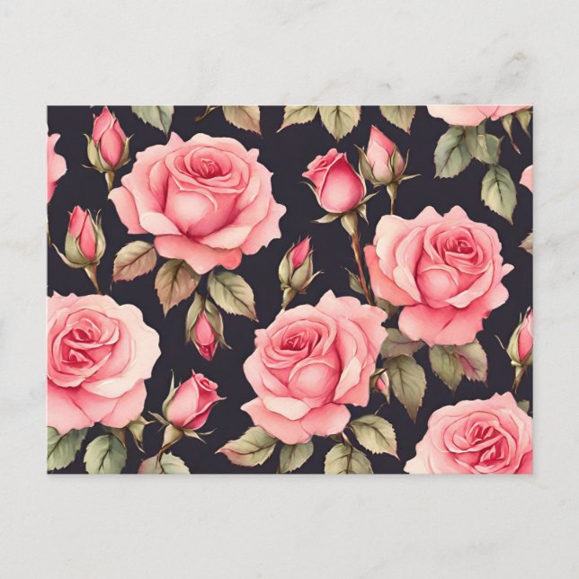 Rosa Aquarellfarben-Rose auf schwarzem Hintergrund Postkarte (Vorderseite)