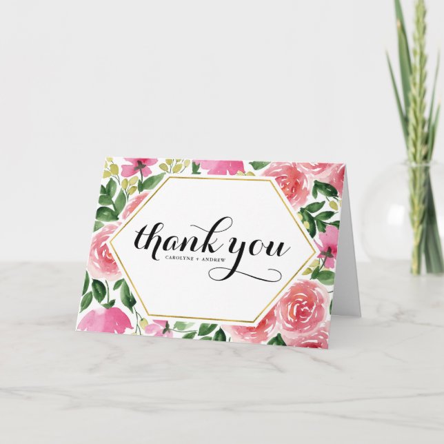 Rosa Aquarellfarben Rose Blumenzehen Dankeskarte (Vorderseite)