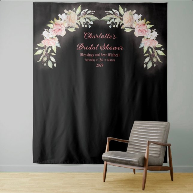 Rosa Aquarellfarben Rose Brautparty Foto Hintergru Wandteppich (Pink Watercolor Roses Moody Black Bridal Shower Photo Backdrop)