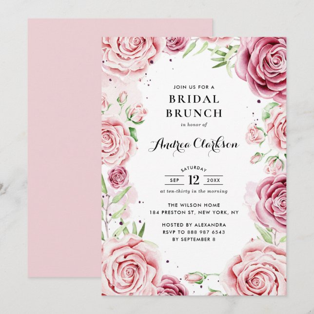 Rosa Aquarellfarben Rose Bridal Brunch Einladung (Vorne/Hinten)