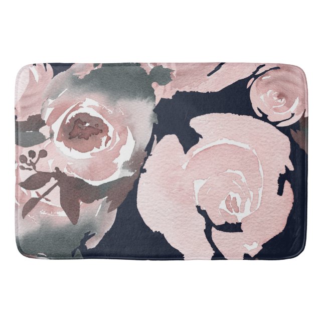 Rosa Aquarellfarben Rose Dunkelblau Badematte (Vorderseite)