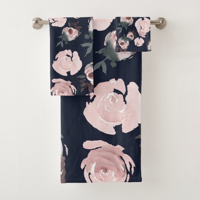 Rosa Aquarellfarben Rose Dunkelblau Badhandtuch Set (Insitu)