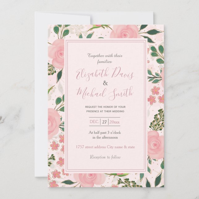 Rosa Aquarellfarben Rose Gold Kontur Design Einladung (Vorderseite)