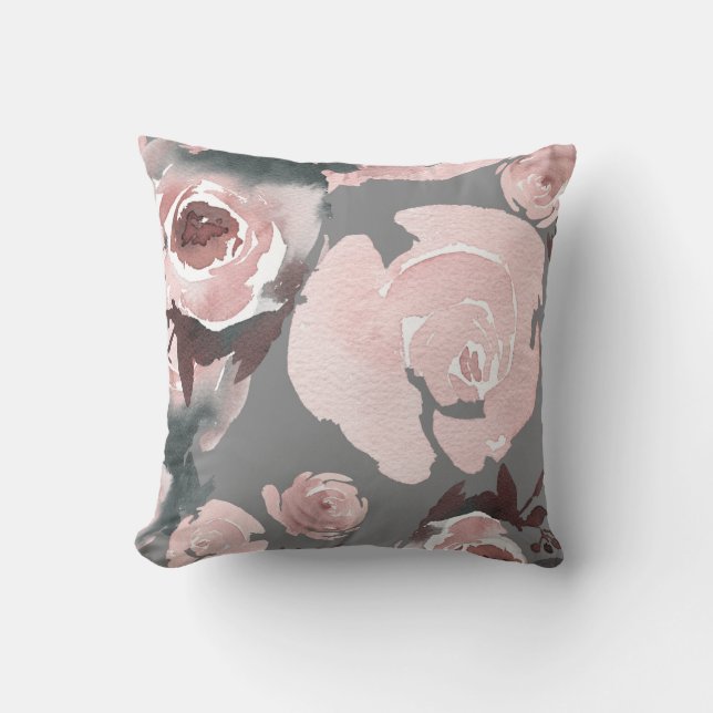 Rosa Aquarellfarben Rose Grau Holzkohle Kissen (Vorderseite)