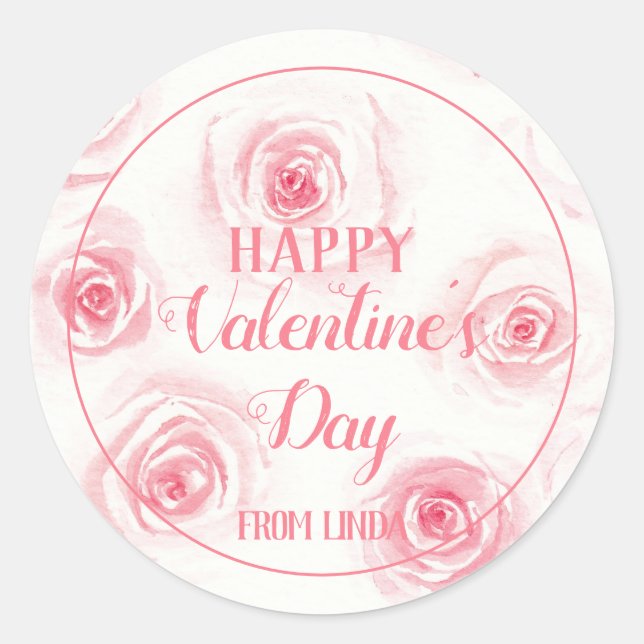 Rosa Aquarellfarben-Rose-Happy Valentine Runder Aufkleber (Vorderseite)